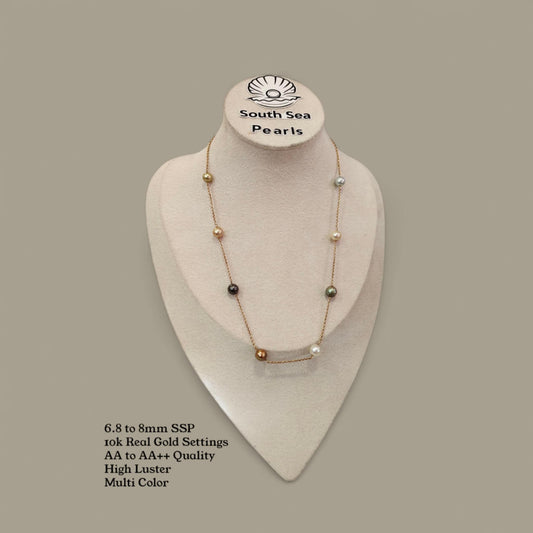 New Arrival! 6.8mm to 8mm Authentic Multi Color South Sea Pearl Station Necklace in 10k Real Gold Settings