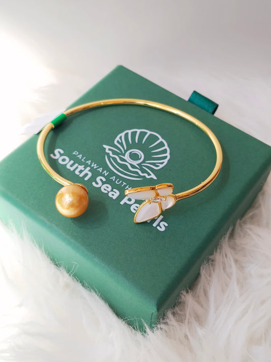 10.6mm Palawan Authentic Golden Color South Sea Pearl Bangle in 5 Micron Plated Settings