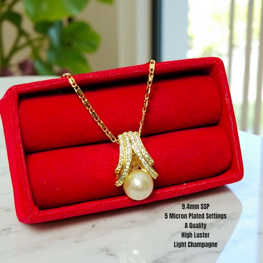 New Arrival! 9.4mm Authentic Light Champagne Color South Sea Pearls Pendant in 5 Micron Plated Settings