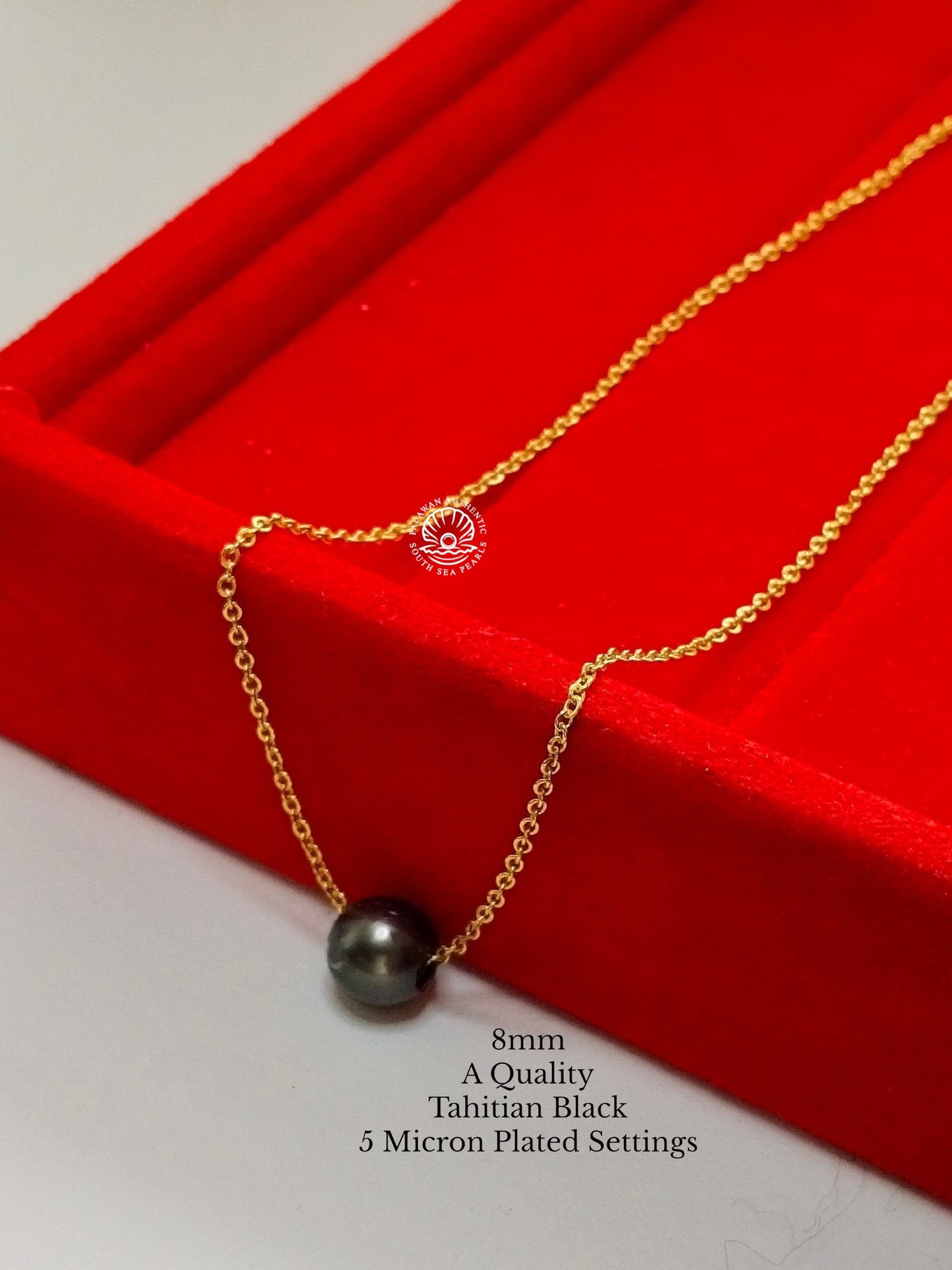 8mm Palawan Authentic Tahitian Black Color South Sea Pearl Floating Necklace in 5 Micron Plated Settings