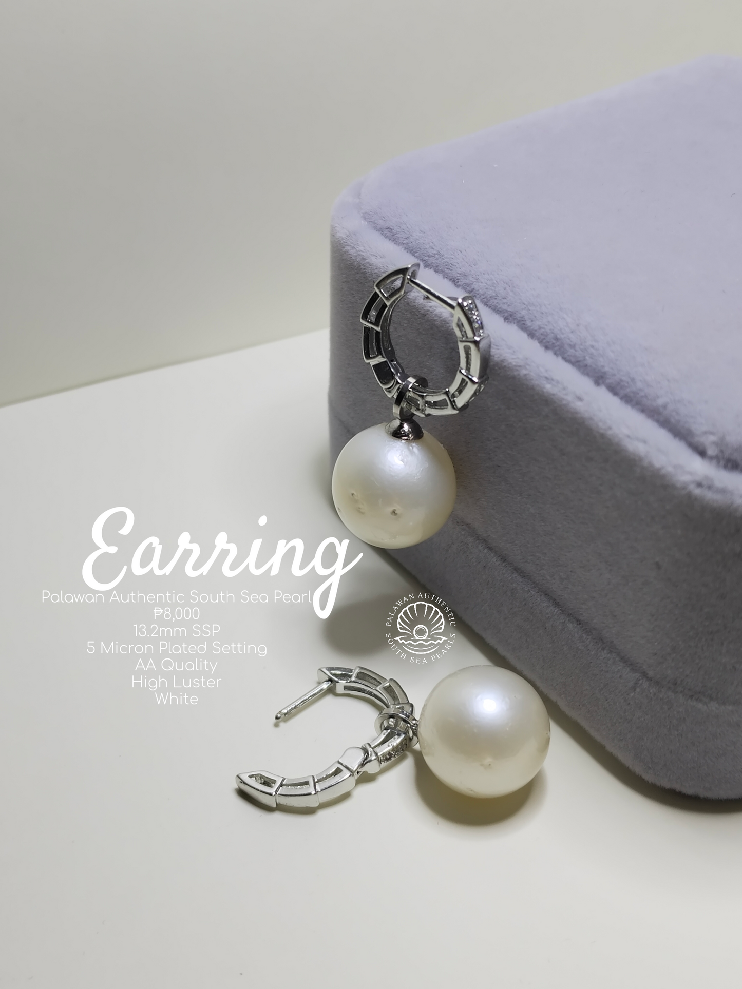 13.2mm Palawan Authentic White South Sea Pearl Earrings in 5 Micron Plated Settings