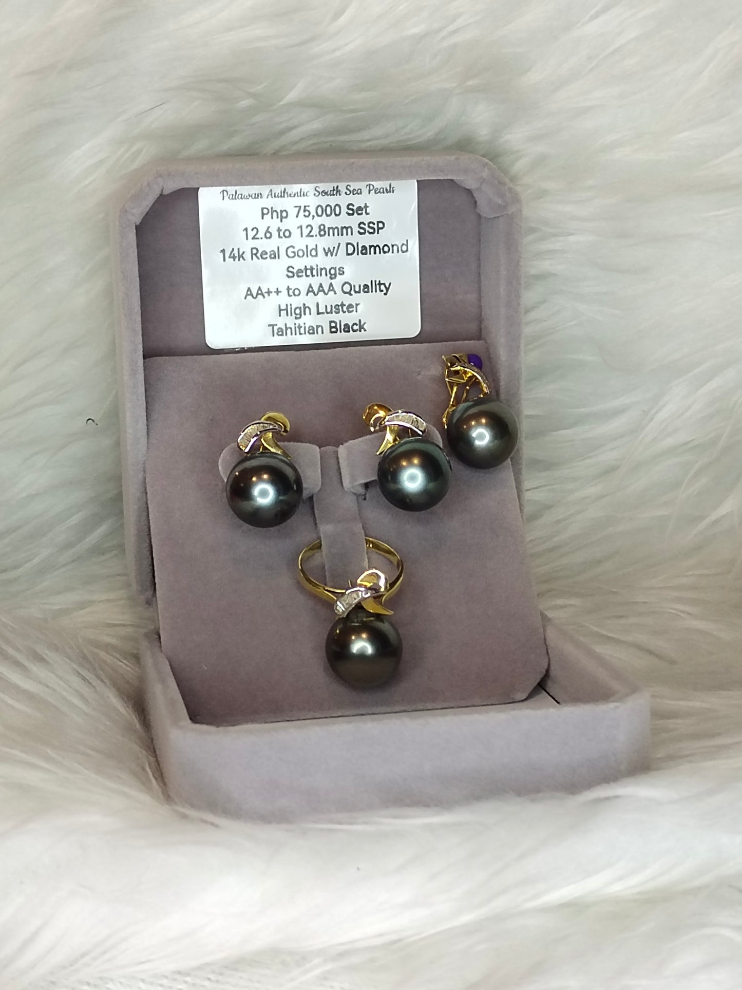 12.6mm to 12.8mm Authentic Tahitian Black Color South Sea Pearl in 14k Real Gold and Diamonds