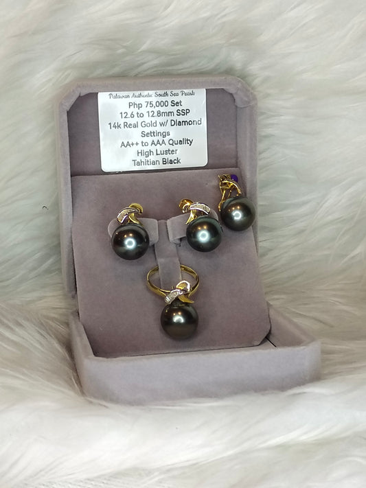 12.6mm to 12.8mm Authentic Tahitian Black Color South Sea Pearl in 14k Real Gold and Diamonds