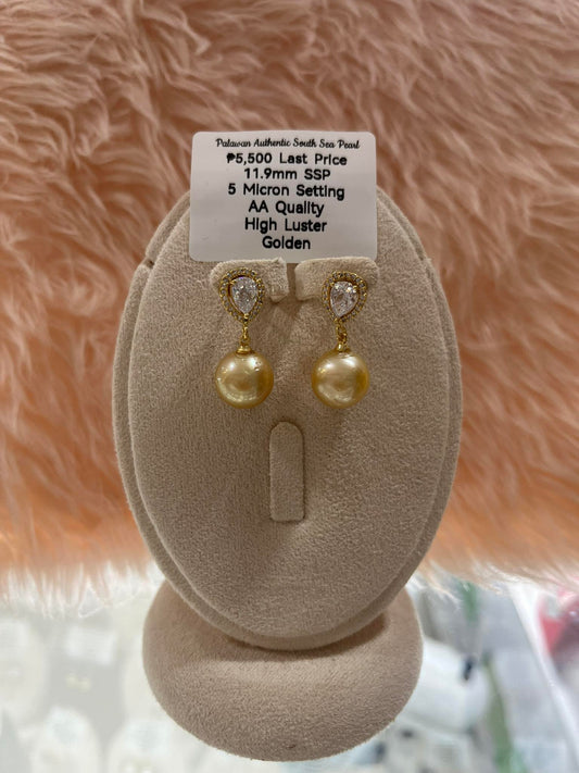 11.9mm Authentic Golden Color South Sea Pearl Set in 5 Micron Settings