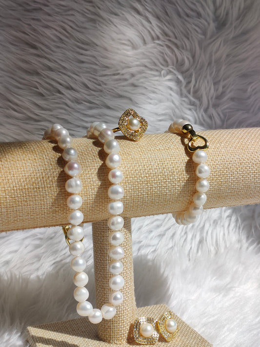 8mm to 9mm Fresh Water Pearl White Sets in 5 Micron Plated Settings