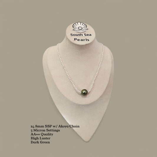 New Arrival! 14.8mm Authentic Dark Green Color South Sea Pearl Pendant and Akoya Pearl Chain in 5 Micron Lock Settings