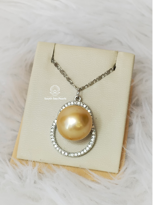 15.5mm Palawan Authentic Golden Color South Sea Pearl Pendant in 5 Micron Plated Settings