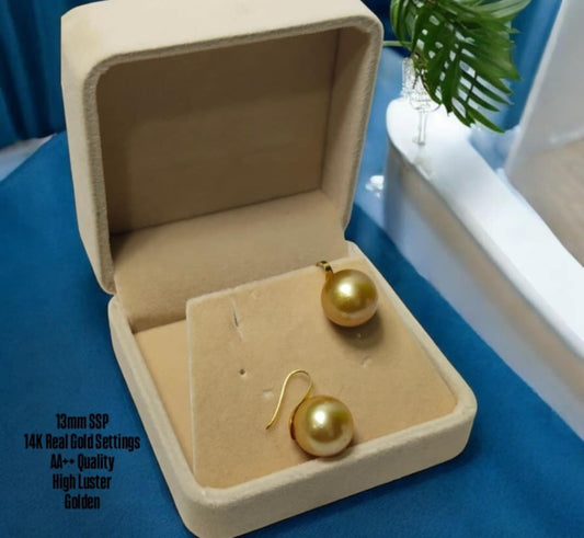 New Arrival! 13mm Authentic Golden Color South Sea Pearl Earrings in 14k Real Gold Settings