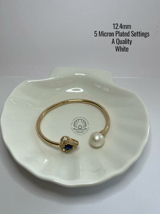 12.4mm Palawan Authentic White Color South Sea Pearl Bangle in 5 Micron Plated Settings