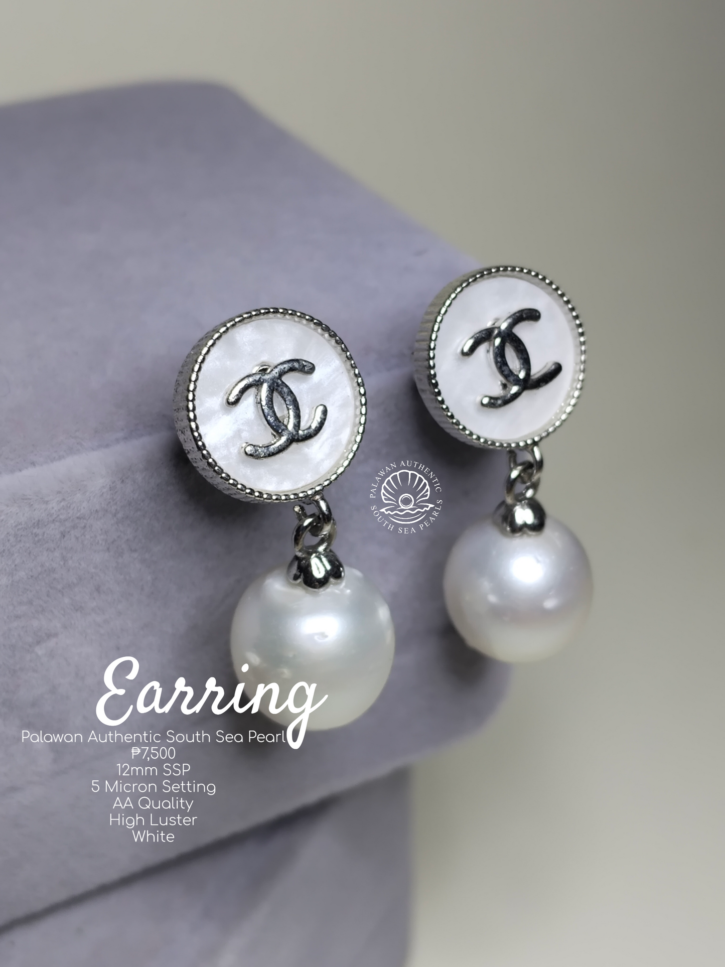 12mm Authentic South Sea Pearls White Special Design Earrings Set in 5 Microns Settings