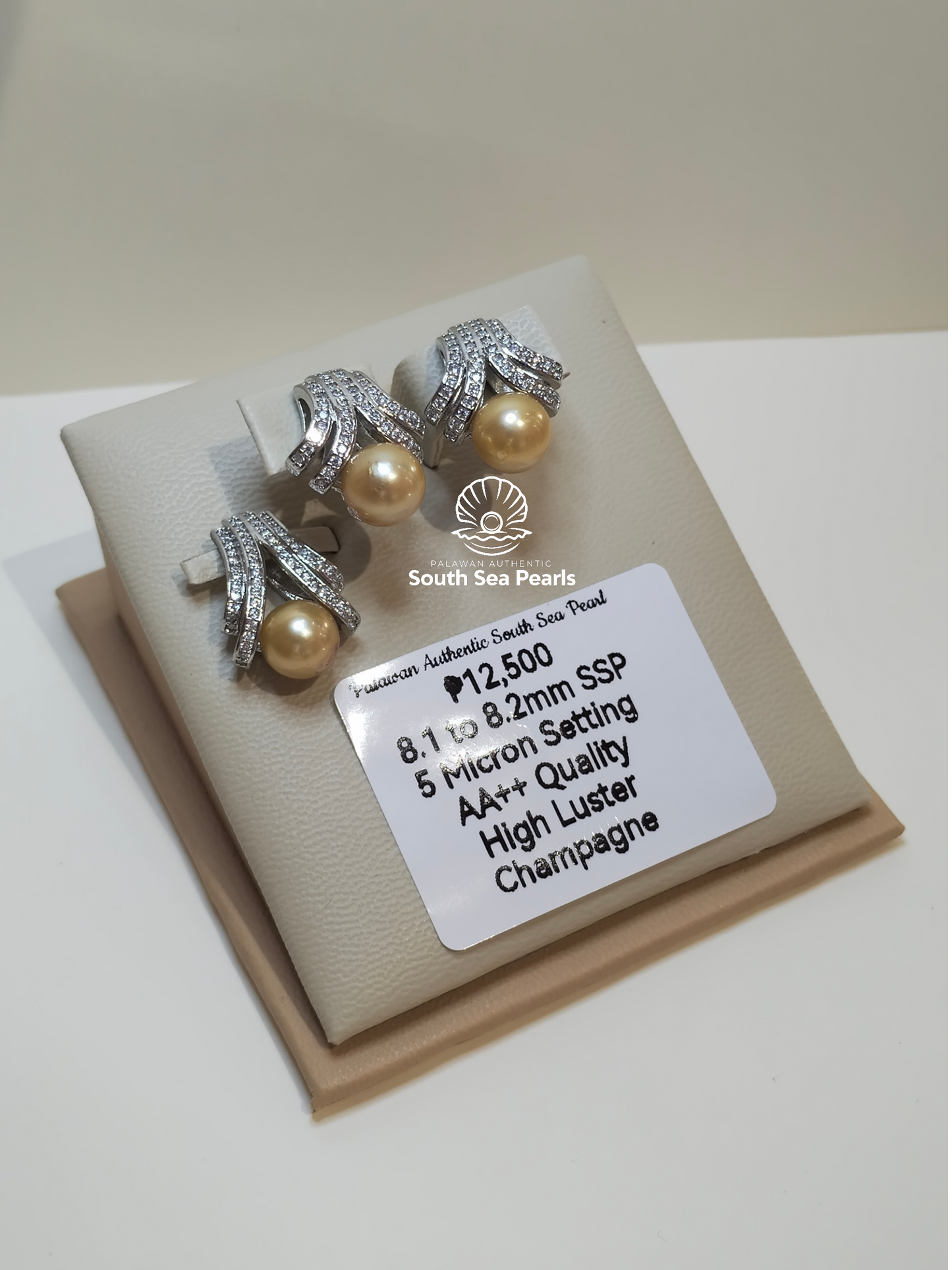 8.1 mm to 8.2mm Authentic Champagne Color South Sea Pearl Set in 5 Micron Set