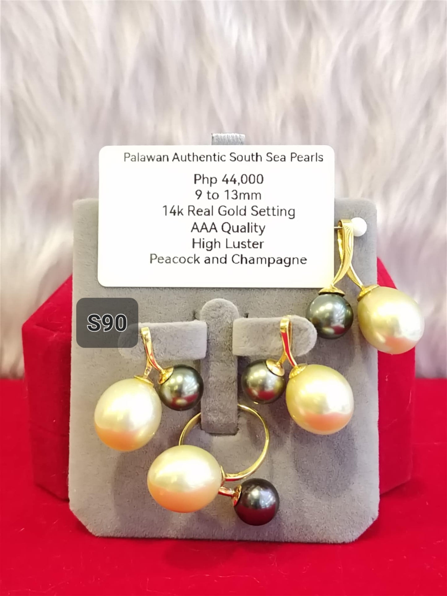 9mm to 13mm Authentic Peacock & Champagne Color South Sea Pearls Set in 14K Gold Settings