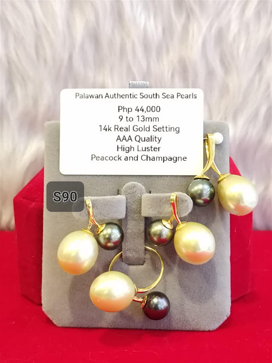 9mm to 13mm Authentic Peacock & Champagne Color South Sea Pearls Set in 14K Gold Settings