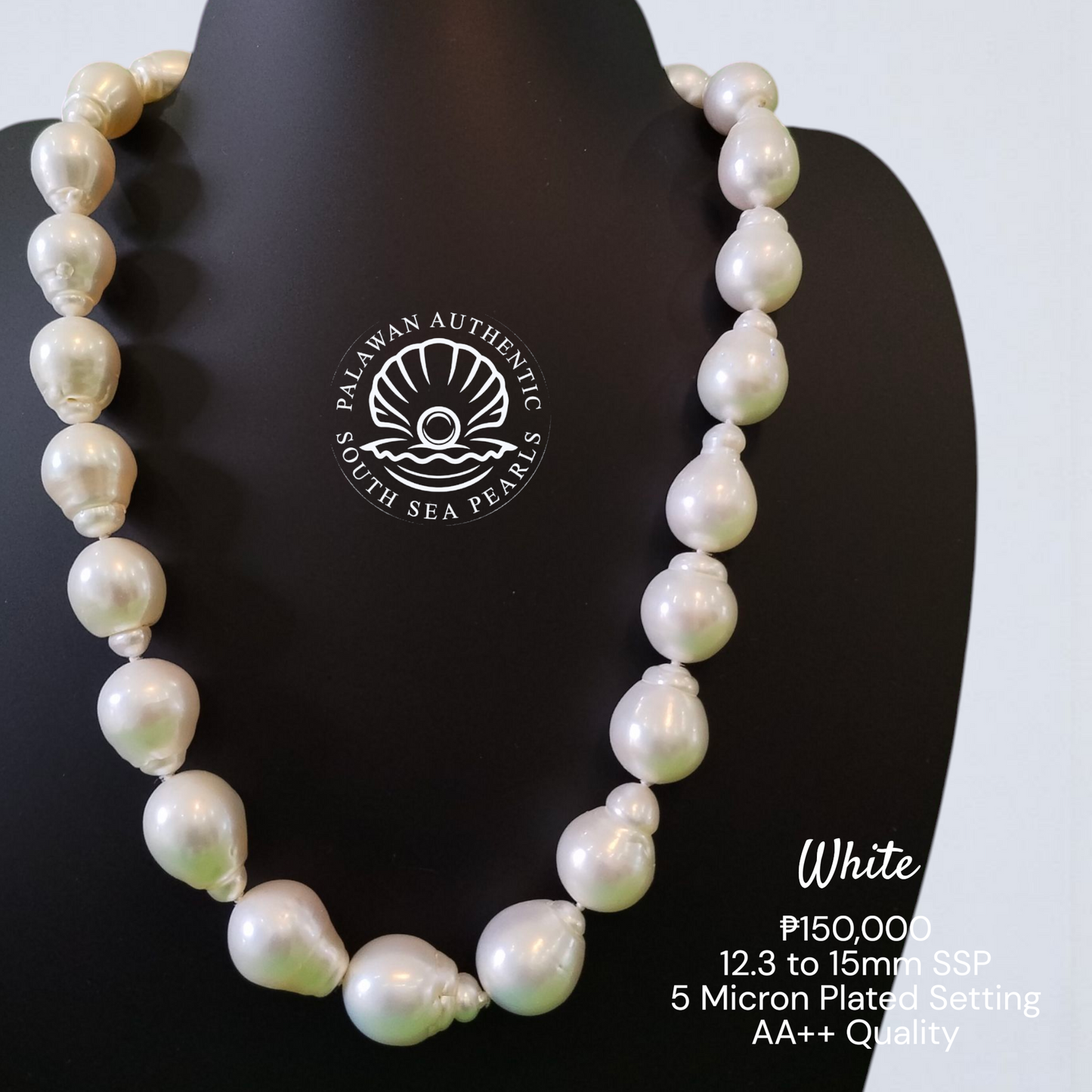 Palawan 12.3 to 15mm Authentic White South Sea Pearl Choker in 5 Micron Lock Setting.