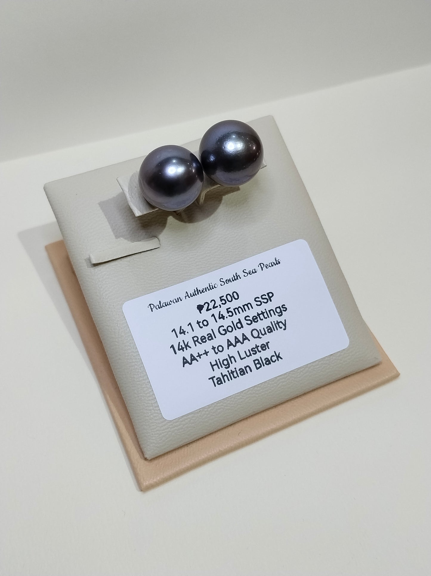 New Arrival! 14.1mm to 14.5mm Palawan Authentic Tahitian Black South Sea Pearl Earrings in 14k Real Gold Settings