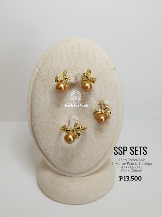 7.5mm to 7.6mm Palawan Authentic Deep Golden Color South Sea Pearl Sets in 5 Micron Plated Settings