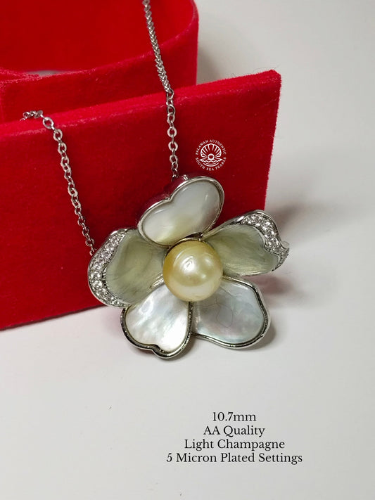 10.7mm Palawan Authentic Light Champagne Color South Sea Pearl Brooch in 5 Micron Plated Settings