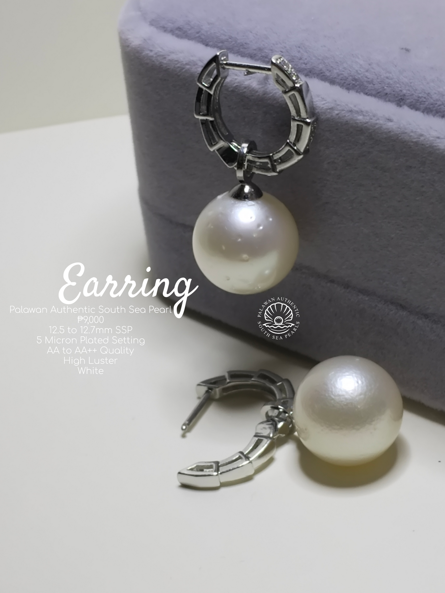 12.5 to 12.7mm Palawan Authentic White South Sea Pearl Earrings in 5 Micron Plated Settings