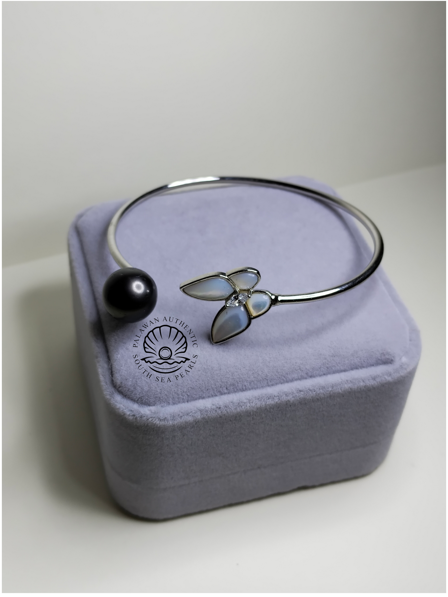 11.5mm Palawan Authentic Tahitian Black Color South Sea Pearl Bangle in 5 Micron Plated Settings