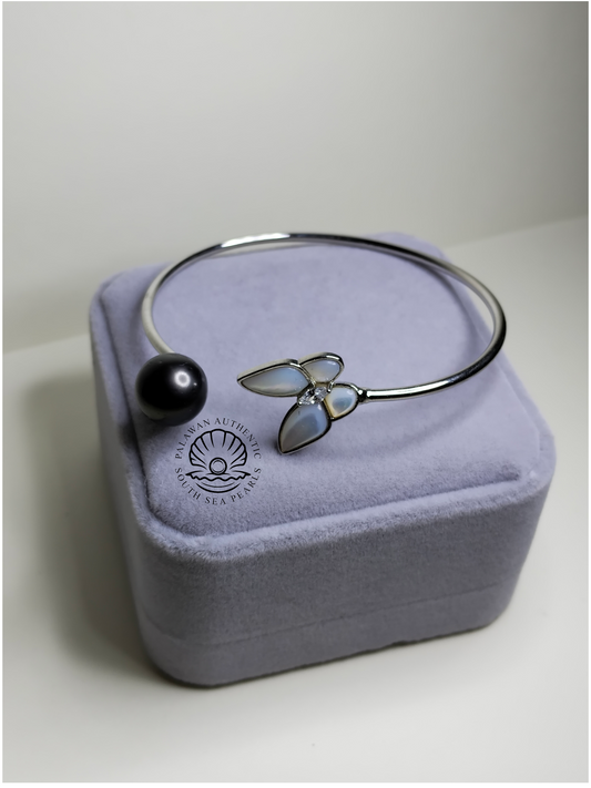 11.5mm Palawan Authentic Tahitian Black Color South Sea Pearl Bangle in 5 Micron Plated Settings