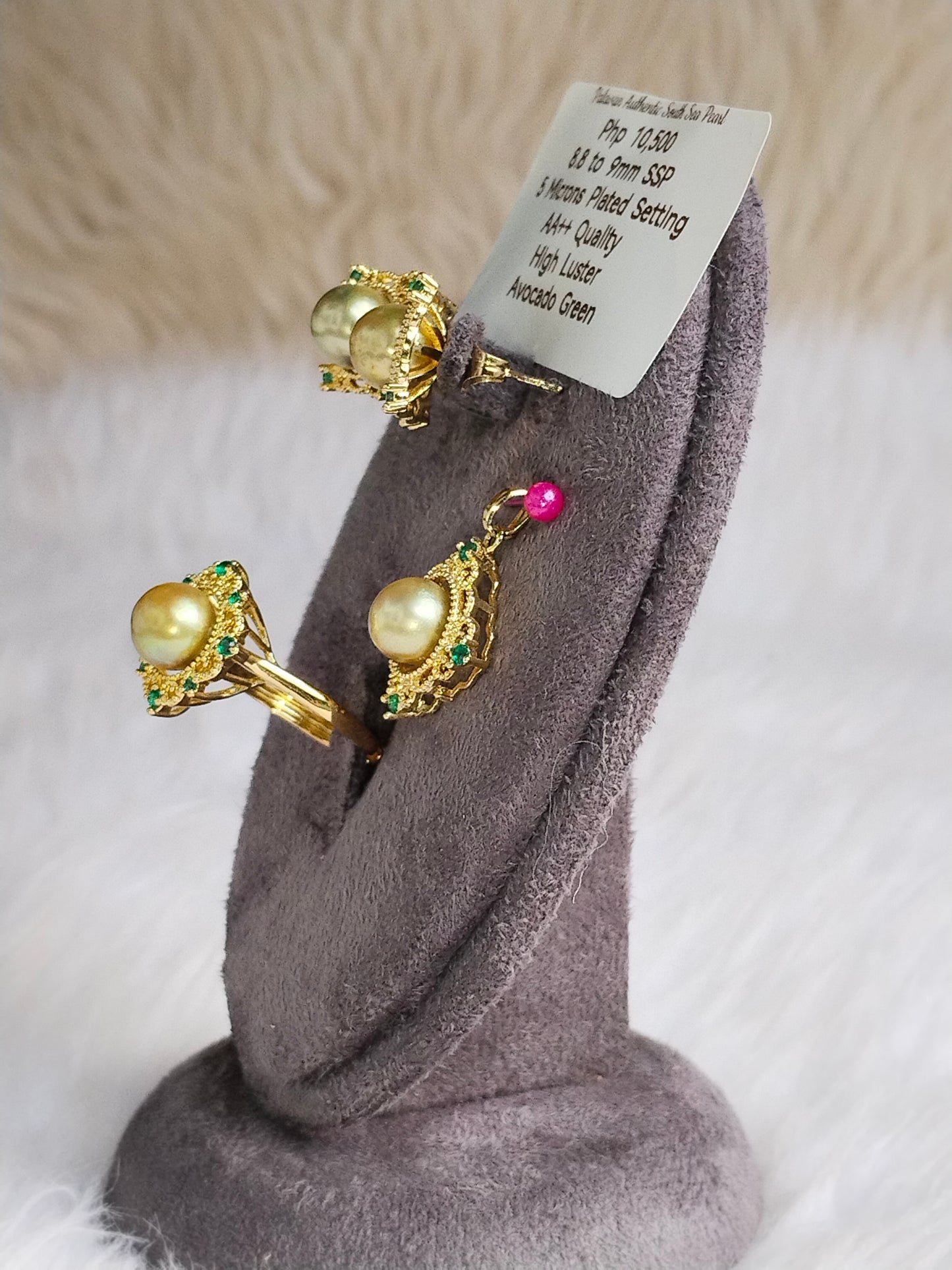 8.8 to 9mm Authentic Avocado Green Color South Sea Pearl Set in 5 Micron Settings