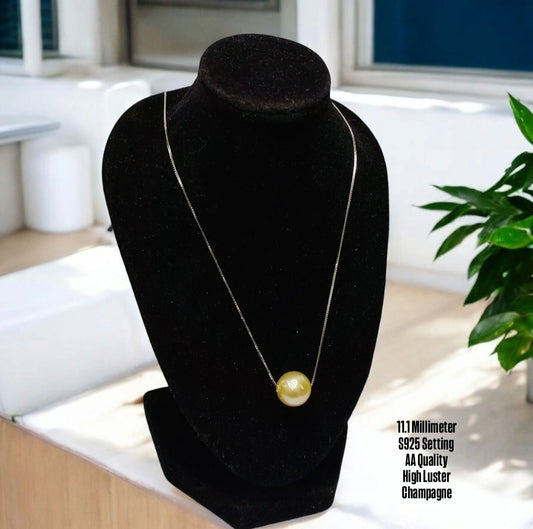 New Arrival! 11.1mm Authentic Champagne Color South Sea Pearl Floating Necklace in S925 Settings