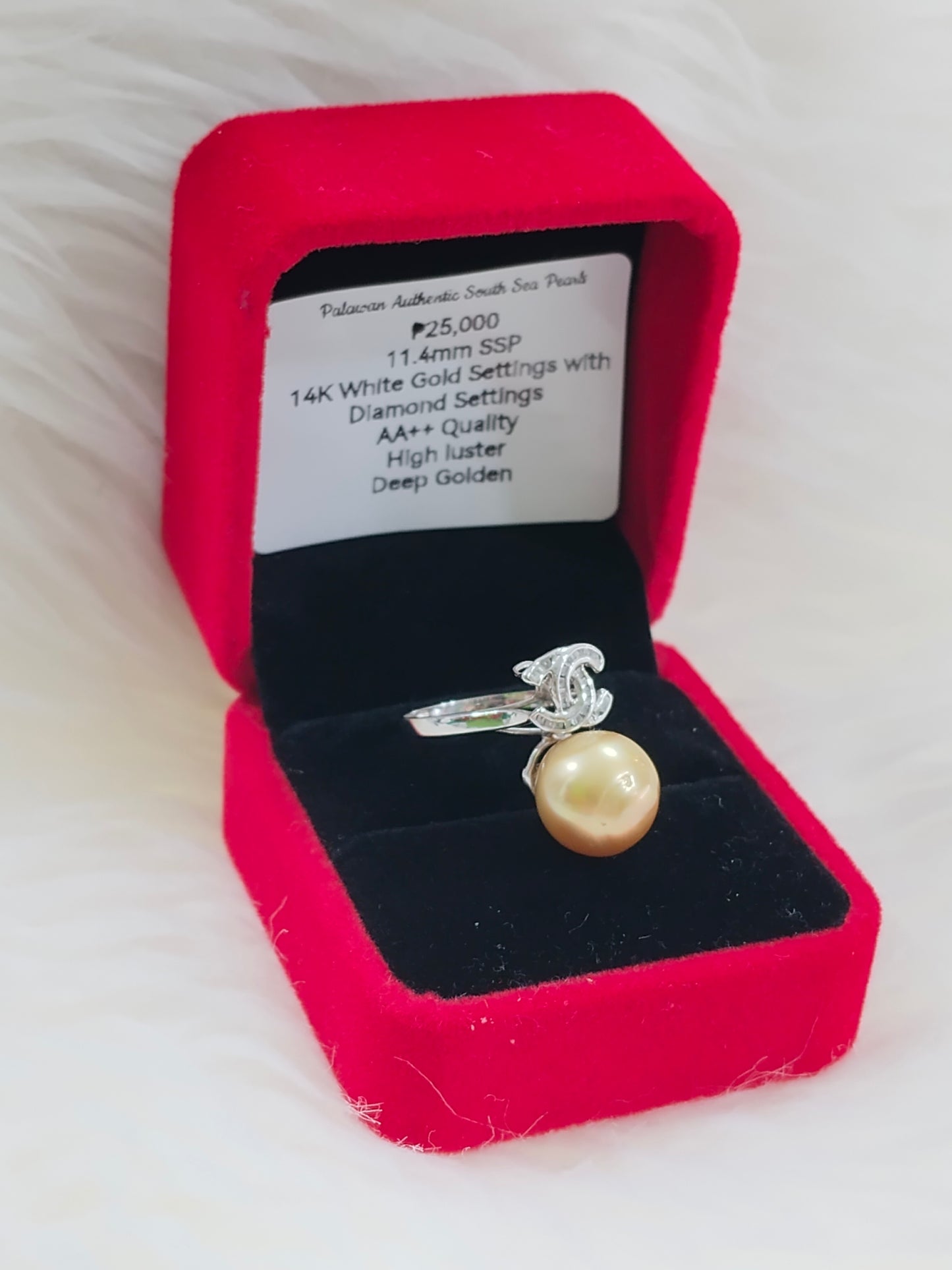 11.4mm Authentic Deep Golden Color South Sea Pearl Rings 14k Real Gold with Diamond Settings