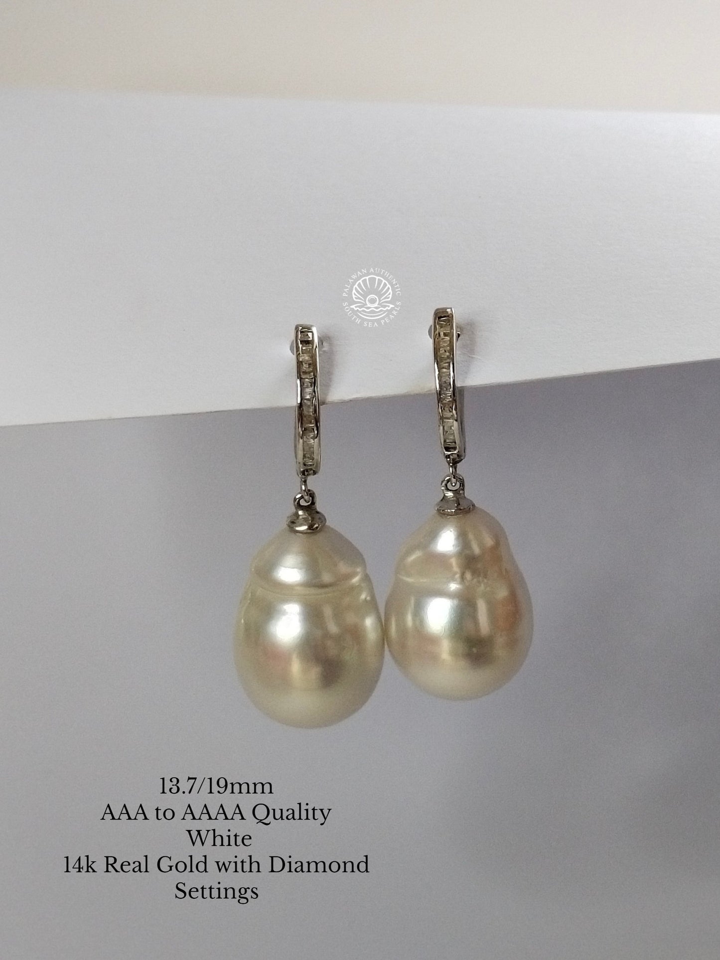 13.7/19mm Palawan Authentic White Color South Sea Pearl in 14k Real Gold and Diamonds