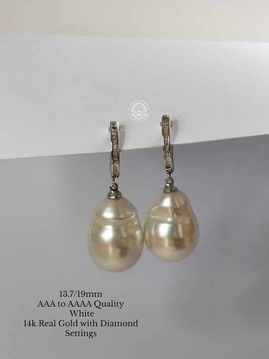 13.7/19mm Palawan Authentic White Color South Sea Pearl in 14k Real Gold and Diamonds