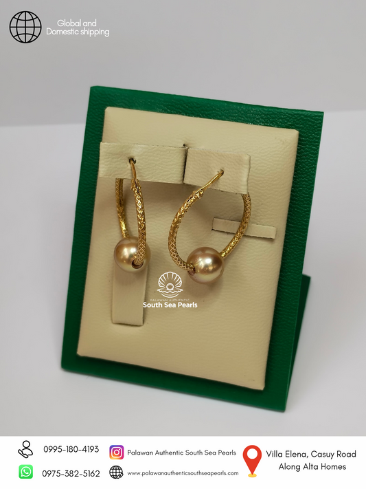 8.8mm to 9mm Palawan Authentic Deep Golden Color South Sea Pearl Earrings in 14k Real Gold Settings