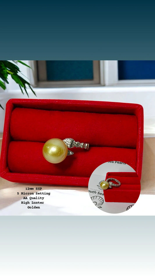 New Arrival! 12.2mm Authentic Golden Color South Sea Pearl Ring in 5 Micron Setting