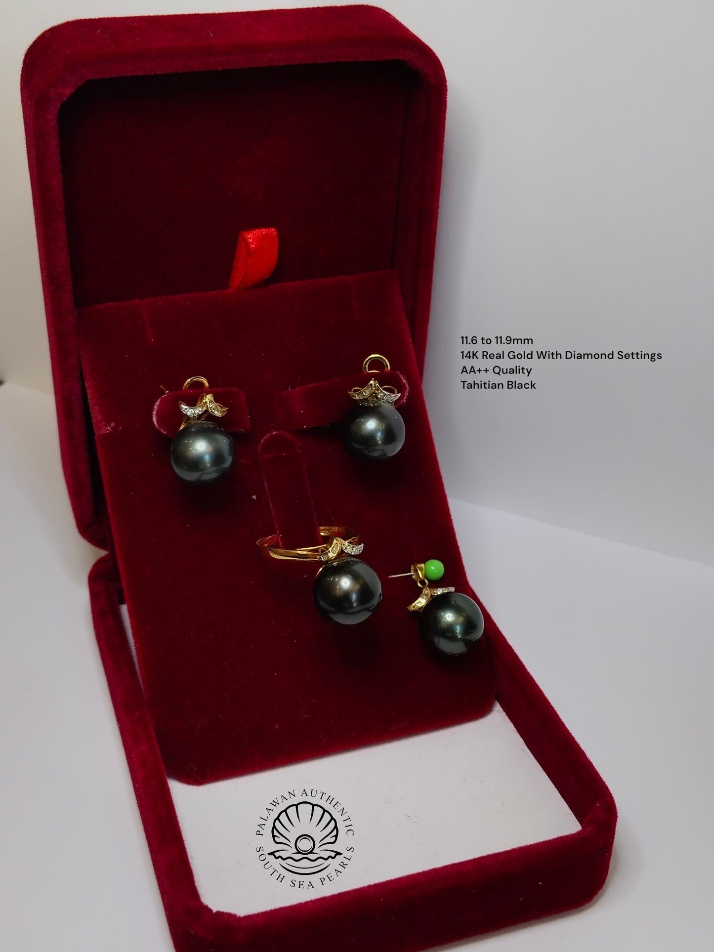 11.6 to 11.9mm Palawan Authentic Tahitian Black Color South Sea Pearl in 14k Real Gold and Diamonds Settings