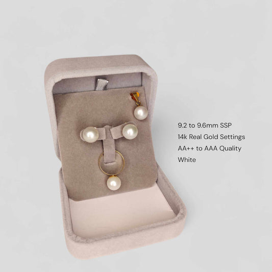 New Arrival! 9.2 to 9.6mm Authentic White South Sea Pearl Sets in 14k Real Gold Setting
