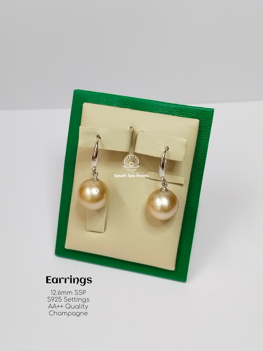 12.6mm Palawan Authentic Champagne Color South Sea Pearl Earrings in S925 Settings