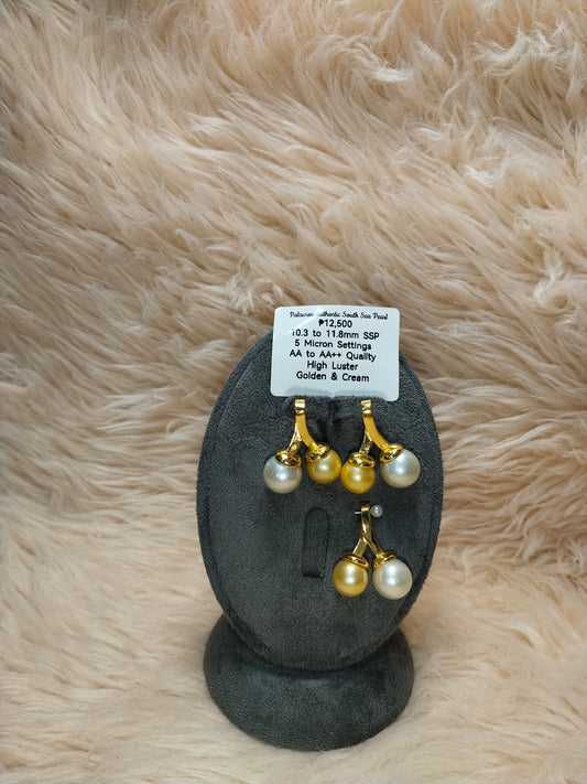 10.3 to 11.8mm Authentic Golden & Cream Color South Sea Pearl Set in 5 Micron Settings