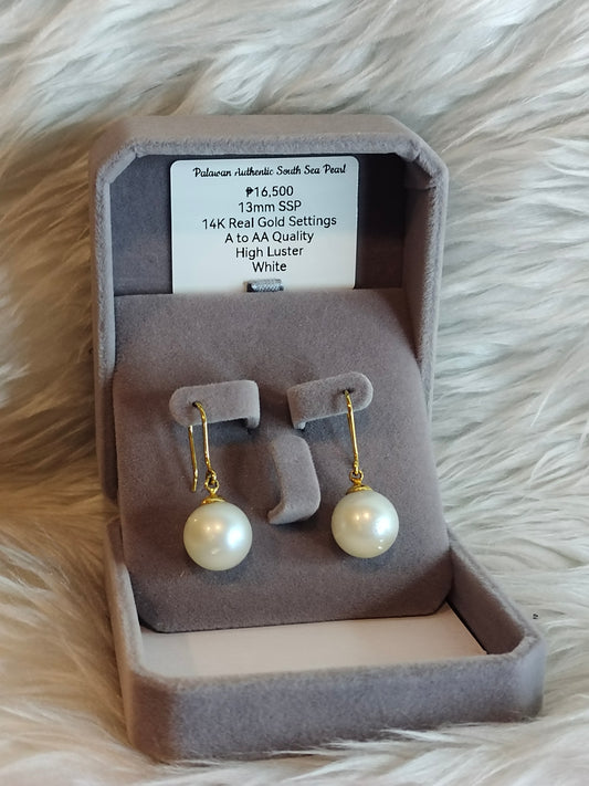 13mm Authentic White South Sea Pearl Earrings in 14k Real Gold Settings