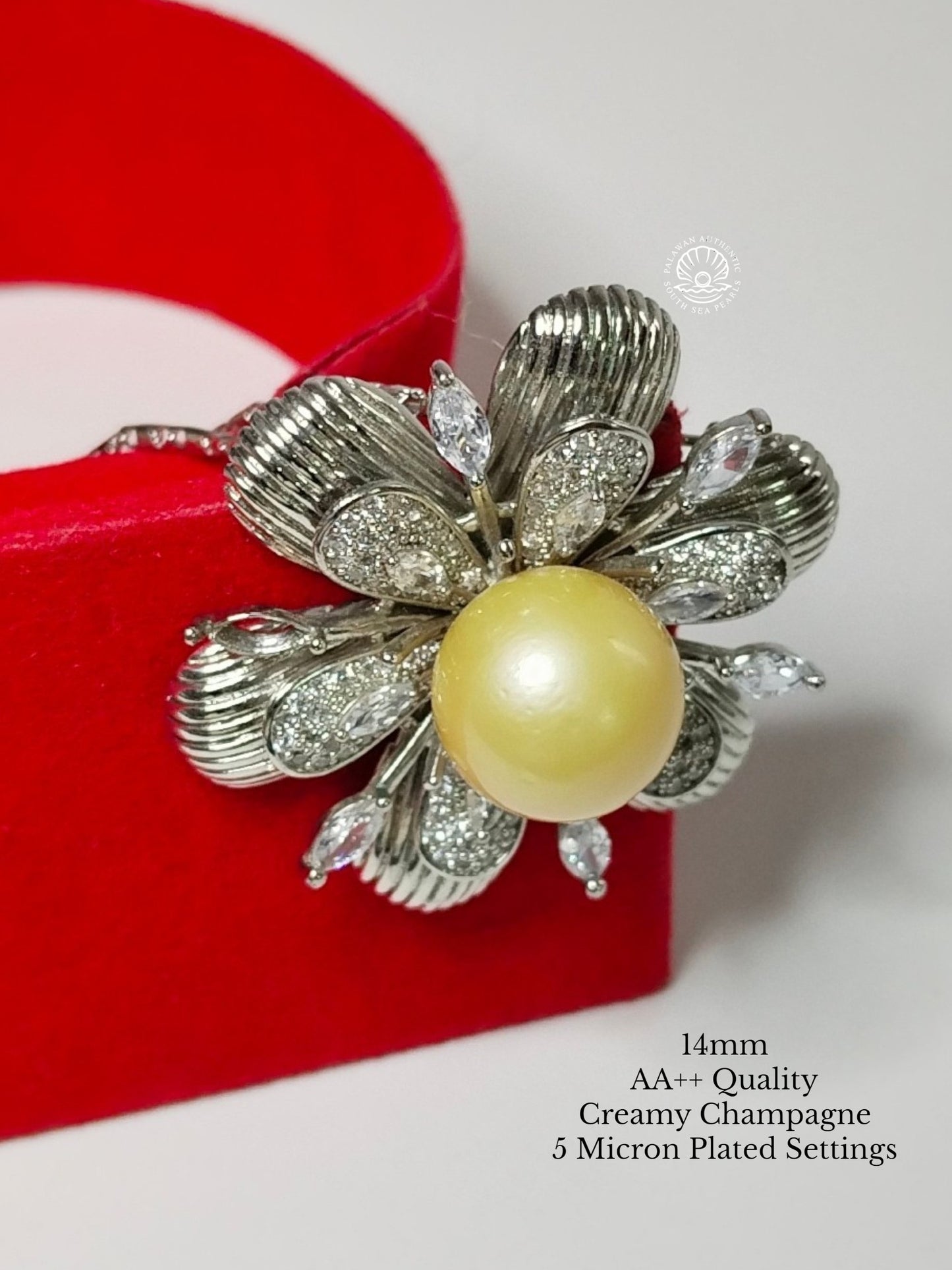 14mm Palawan Authentic Creamy Champagne Color South Sea Pearl Brooch in 5 Micron Plated Settings