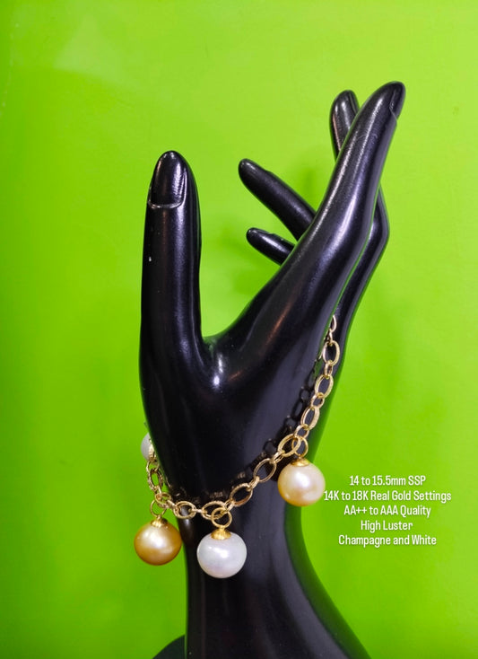 14mm to 15.5mm Authentic Champagne and White Color South Sea Pearls Bracelets