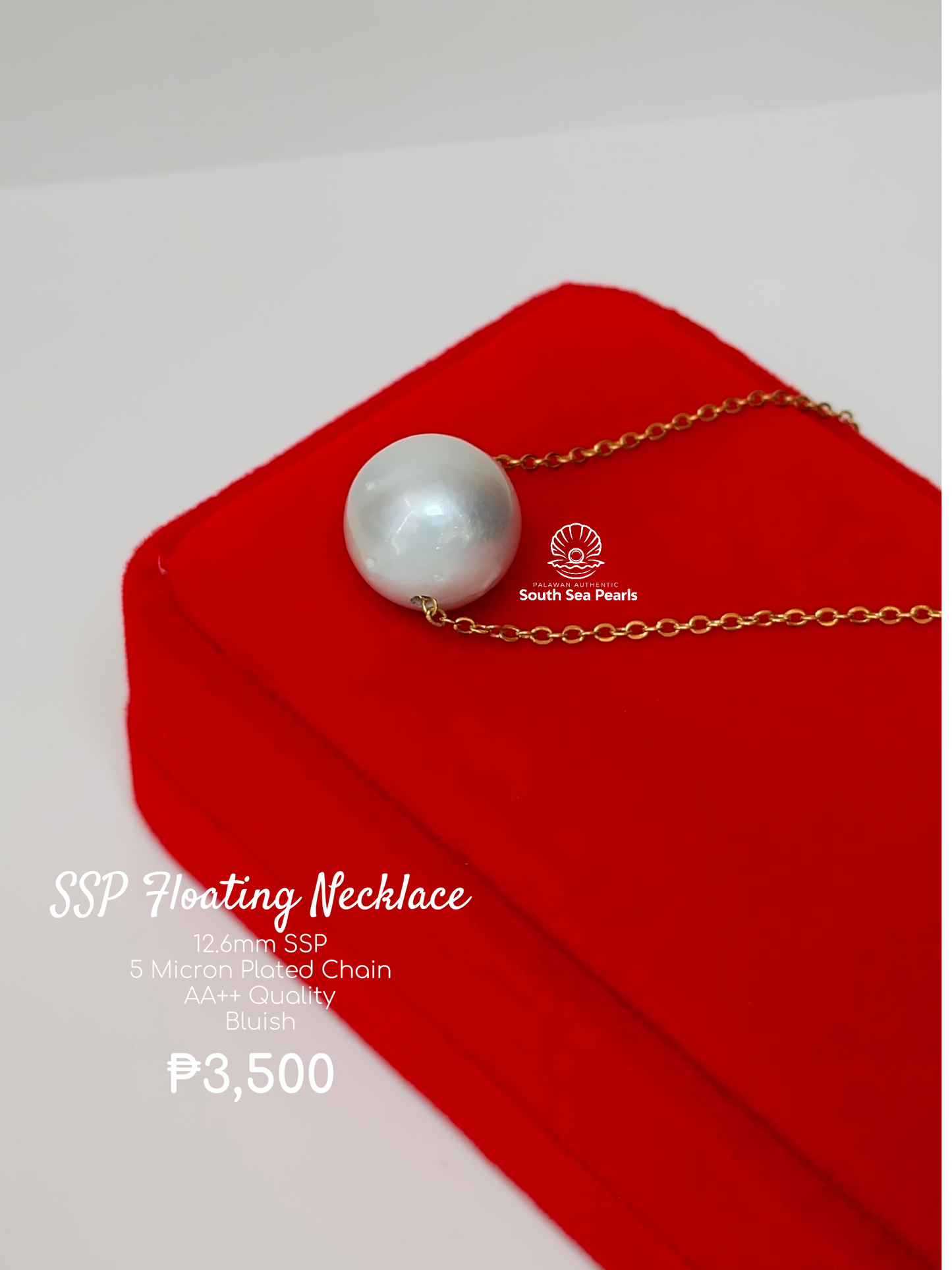 12.6mm Palawan Authentic Bluish Color South Sea Pearl Floating Necklace in 5 Micron Plated Settings