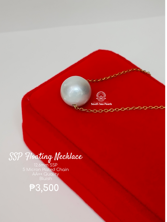 12.6mm Palawan Authentic Bluish Color South Sea Pearl Floating Necklace in 5 Micron Plated Settings