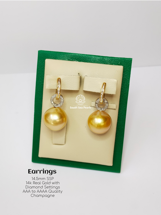 14.5mm Palawan Authentic Champagne Color South Sea Pearl in 14k Real Gold and Diamonds