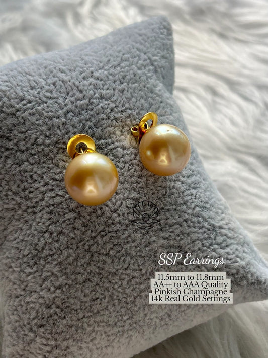 11.5mm to 11.9mm Palawan Authentic Pinkish Champagne Color South Sea Pearl Earrings in 14k Real Gold Settings