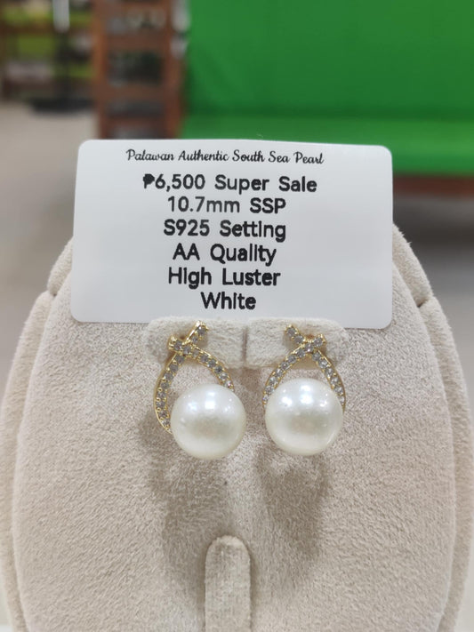 10.7mm Authentic White South Sea Pearls Earrings in S925 Settings