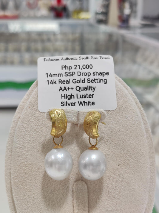 14mm Authentic Silver White South Sea Pearls in 14k Real Gold Settings