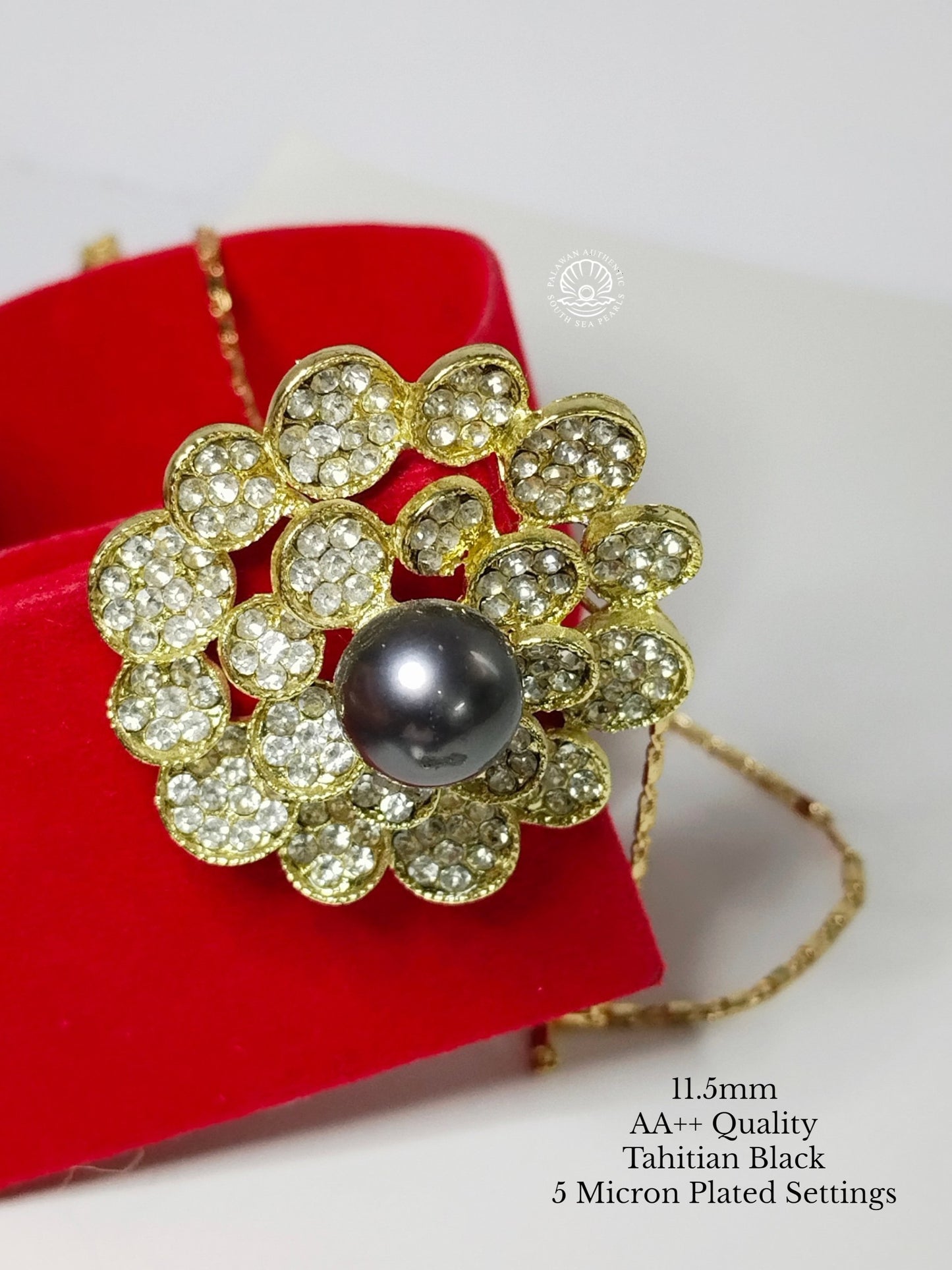 11.5mm Palawan Authentic Tahitian Black Color South Sea Pearl Brooch in 5 Micron Plated Settings