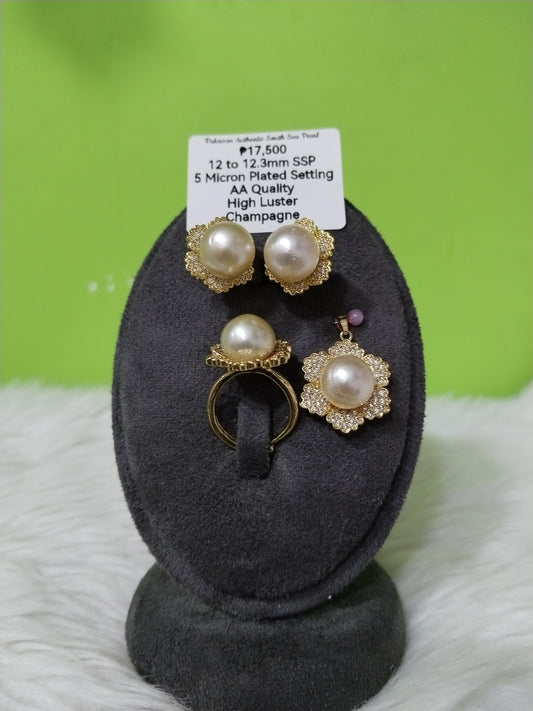 12mm to 12.3mm Authentic Champagne Color South Sea Pearl Sets in 5 Micron Plated Settings