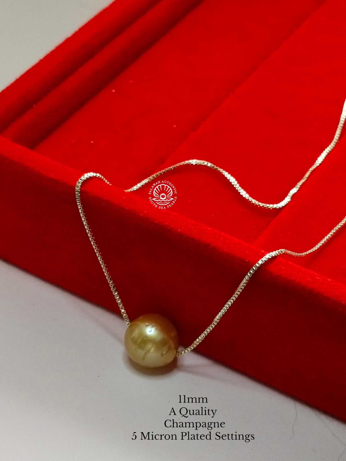 11mm Palawan Authentic Champagne Color South Sea Pearl Floating Necklace in 5 Micron Plated Settings
