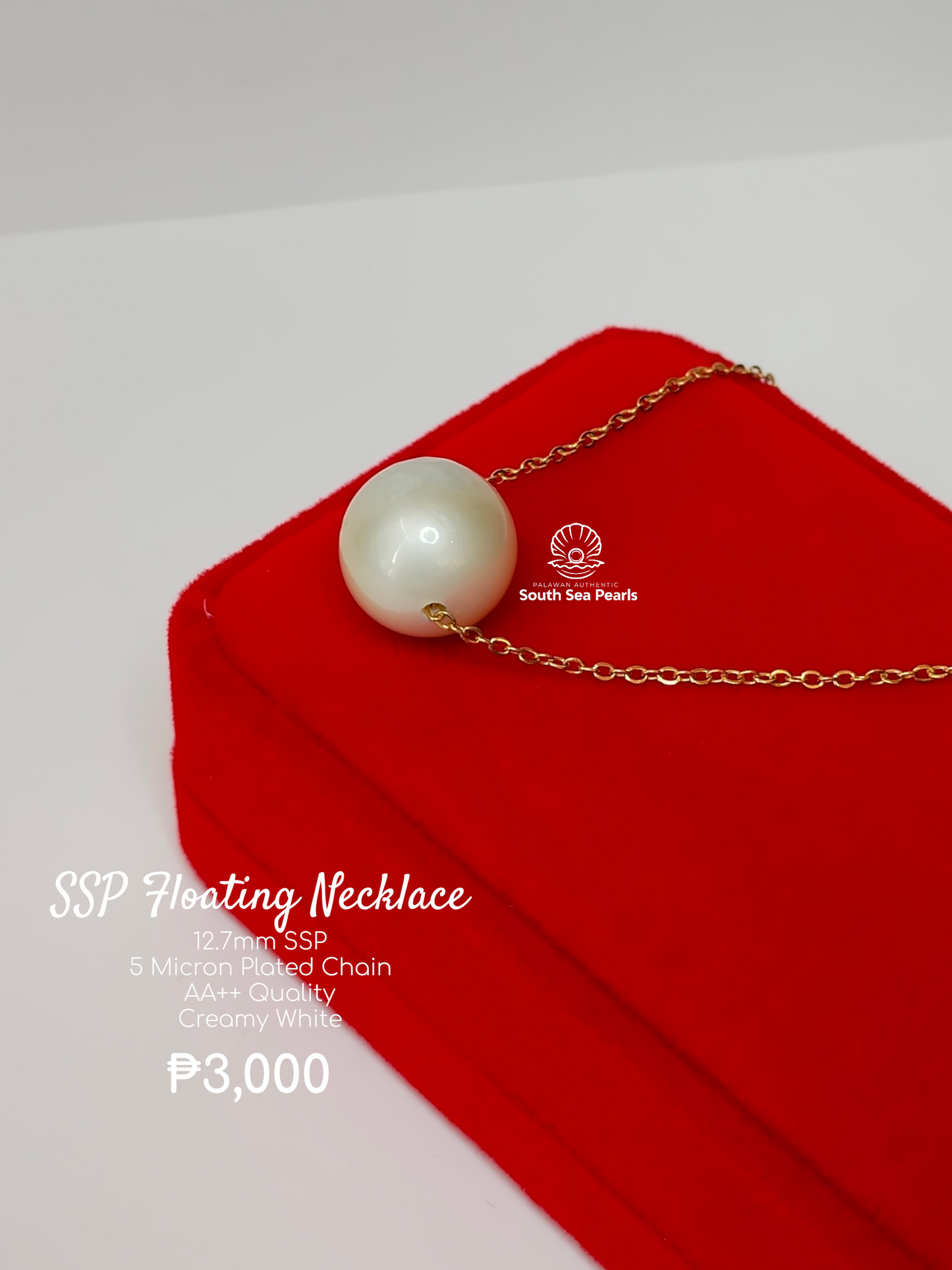 12.7mm Palawan Authentic Creamy White Color South Sea Pearl Floating Necklace in 5 Micron Plated Settings