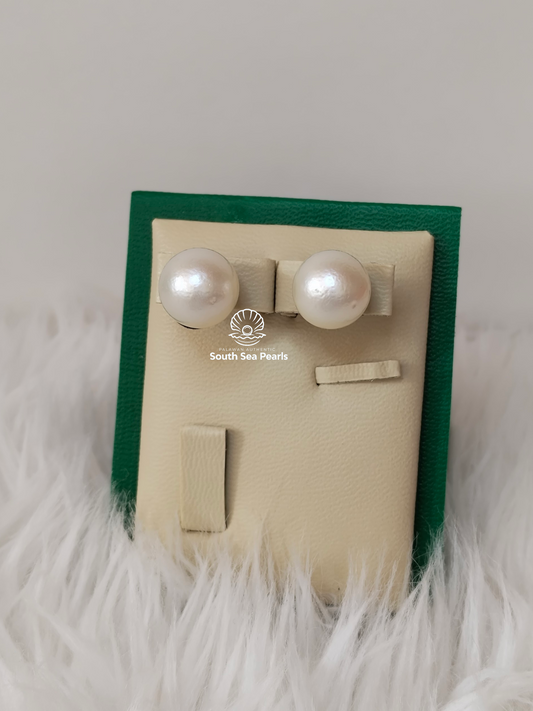 11.7mm Authentic White South Sea Pearl Earrings in 5 Micron Plated Settings