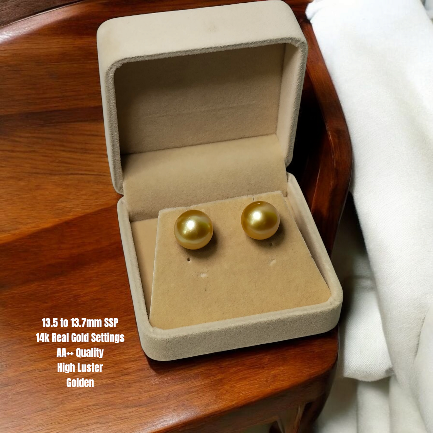 New Arrival! 13.5 to 13.7mm Authentic Golden Color South Sea Pearls Earrings in 14K Gold Settings